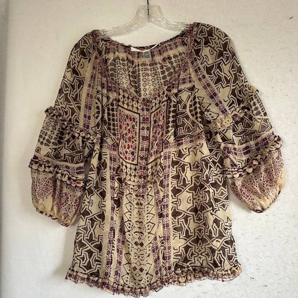 Diane von Furstenberg DVF Silk Geometric Floral Ruffle Blouse Brown Purple Sz 4โ